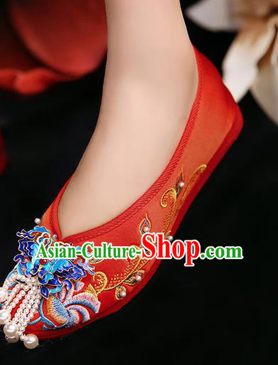 Chinese Cloisonne Butterfly Shoes Traditional Xiuhe Red Cloth Shoes Classical Wedding Bride Shoes