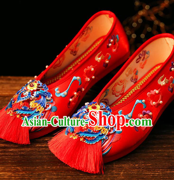 Chinese Cloisonne Butterfly Shoes Traditional Xiuhe Red Cloth Shoes Classical Wedding Bride Shoes
