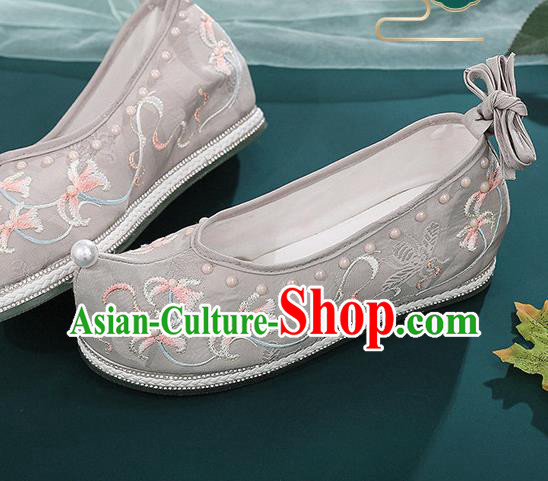 China Ming Dynasty Princess Bow Shoes Embroidered Mangnolia Shoes Ancient Grey Cloth Shoes Traditional Hanfu Pearls Shoes