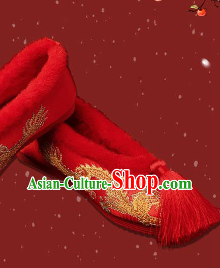 Chinese Winter Bride Shoes Classical Wedding Red Shoes Traditional Xiuhe Embroidered Phoenix Shoes