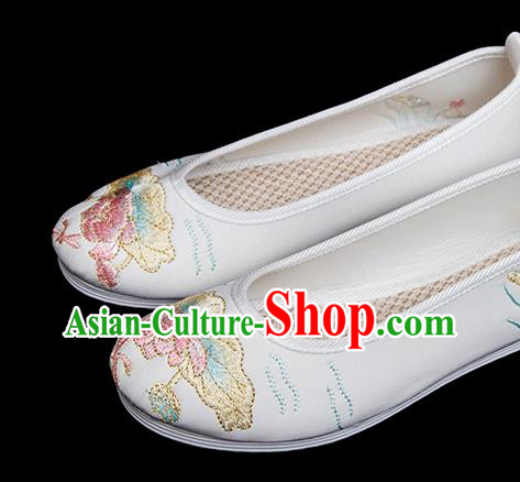 Chinese Handmade White Cloth Shoes Classical Dance Shoes Traditional Embroidered Lotus Shoes