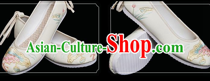 Chinese Traditional Embroidered Lotus Shoes Handmade Beige Cloth Shoes Classical Dance Shoes