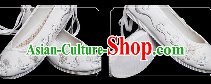 Chinese National Woman Shoes Classical Embroidered Butterfly Shoes Traditional White Cloth Shoes