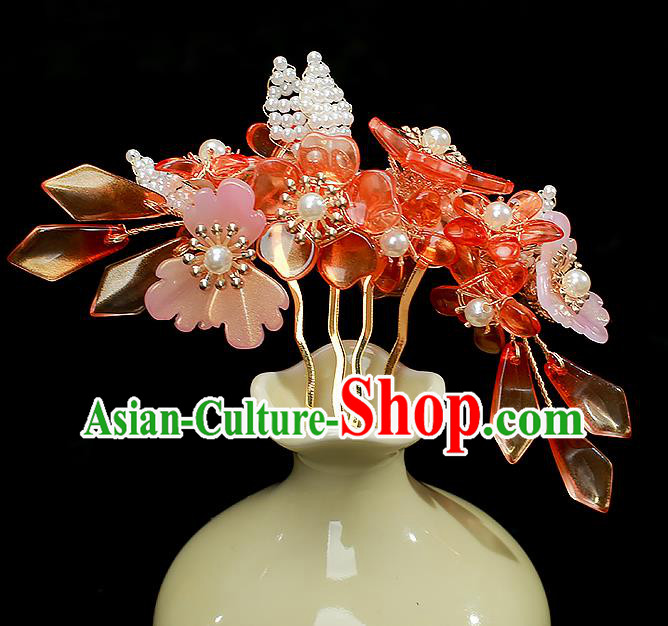Chinese Ancient Princess Red Flowers Hairpin Traditional Ming Dynasty Hanfu Hair Comb