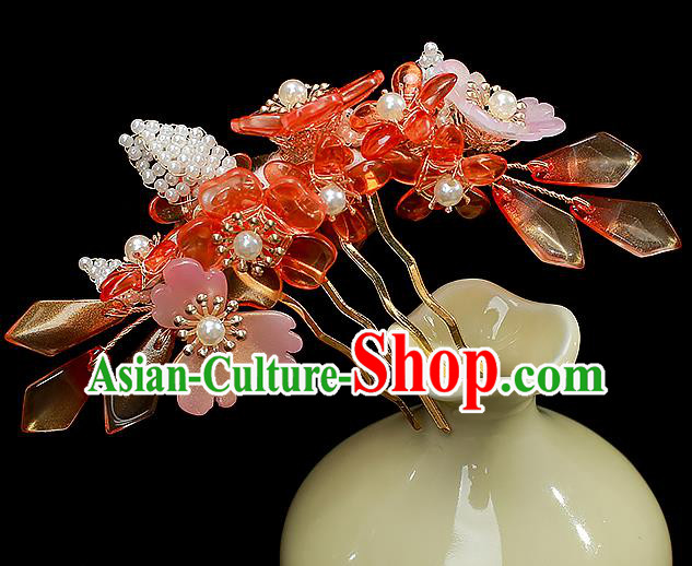 Chinese Ancient Princess Red Flowers Hairpin Traditional Ming Dynasty Hanfu Hair Comb