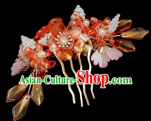 Chinese Ancient Princess Red Flowers Hairpin Traditional Ming Dynasty Hanfu Hair Comb