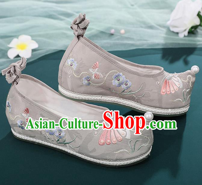 China Ancient Ming Dynasty Princess Shoes Embroidered Butterfly Shoes Traditional Grey Cloth Hanfu Shoes