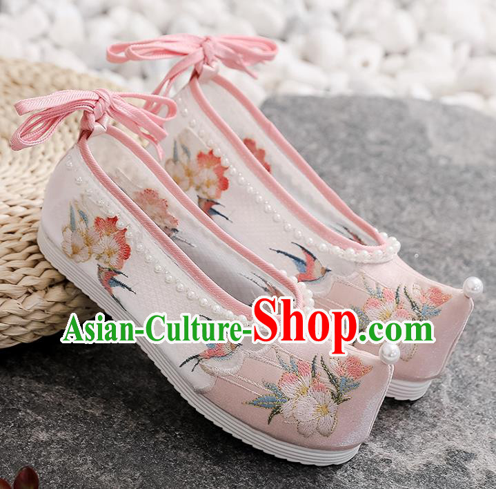 Chinese Traditional Folk Dance Pink Cloth Shoes Classical Embroidered Shoes National Woman Summer Shoes