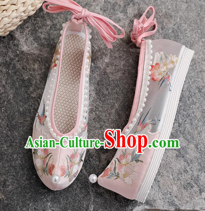 Chinese Traditional Folk Dance Pink Cloth Shoes Classical Embroidered Shoes National Woman Summer Shoes