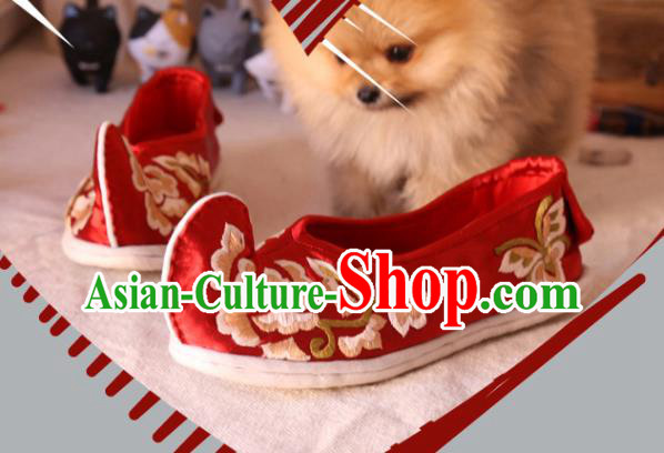 Chinese Traditional Wedding Shoes National Bride Shoes Embroidered Red Satin Shoes