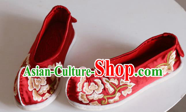 Chinese Traditional Wedding Shoes National Bride Shoes Embroidered Red Satin Shoes