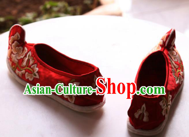 Chinese Traditional Wedding Shoes National Bride Shoes Embroidered Red Satin Shoes