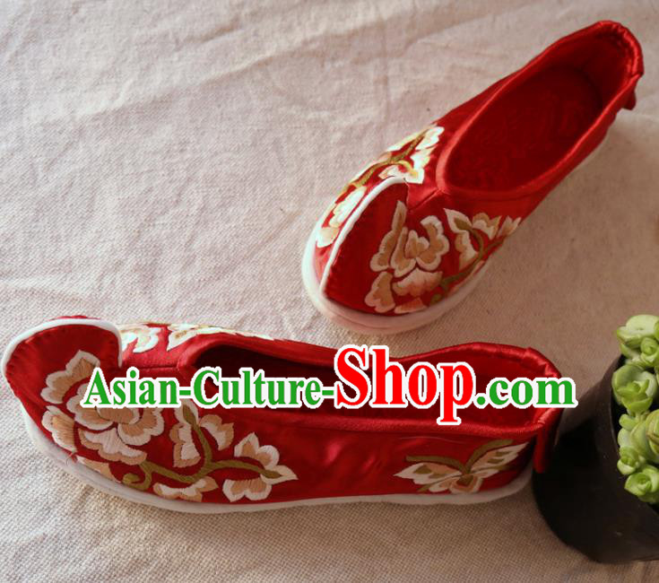 Chinese Traditional Wedding Shoes National Bride Shoes Embroidered Red Satin Shoes