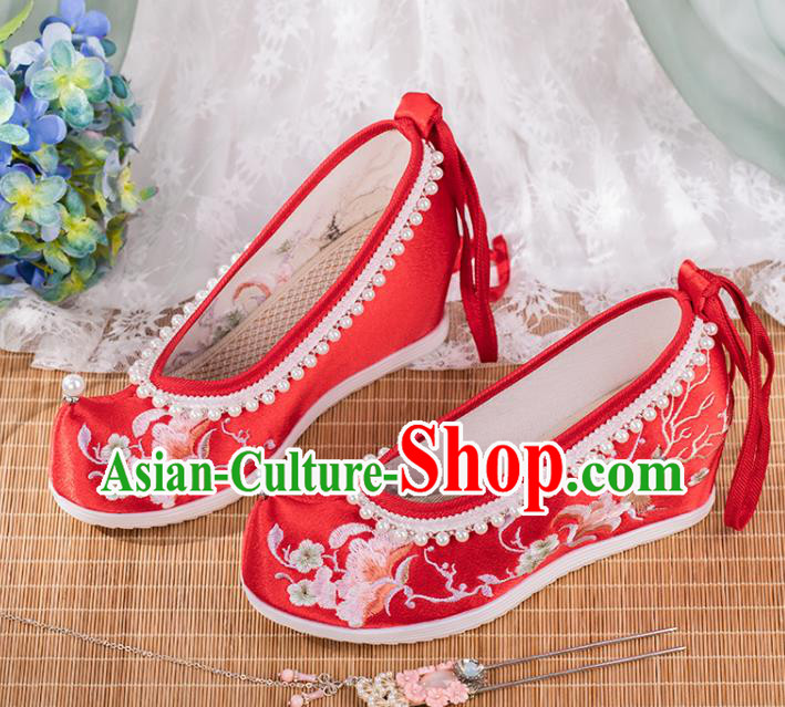 Chinese Classical Wedding Wedge Heel Shoes National Embroidered Red Satin Shoes Traditional Pearls Hanfu Shoes