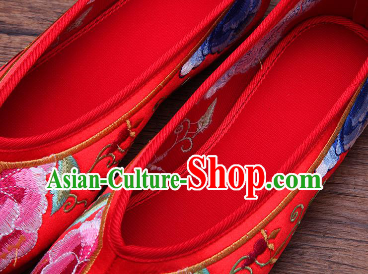 Chinese Traditional Wedding Bride Shoes National Red Cloth Shoes Classical Embroidered Peony Shoes