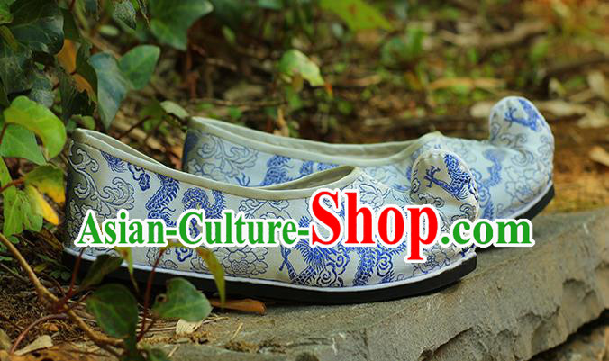 Chinese Traditional Ancient Empress Shoes Classical Dragons Pattern Shoes Handmade White Brocade Shoes