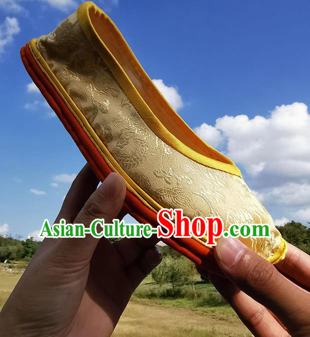 Chinese Handmade Light Golden Brocade Shoes Traditional Ancient Empress Shoes Classical Dragons Pattern Shoes
