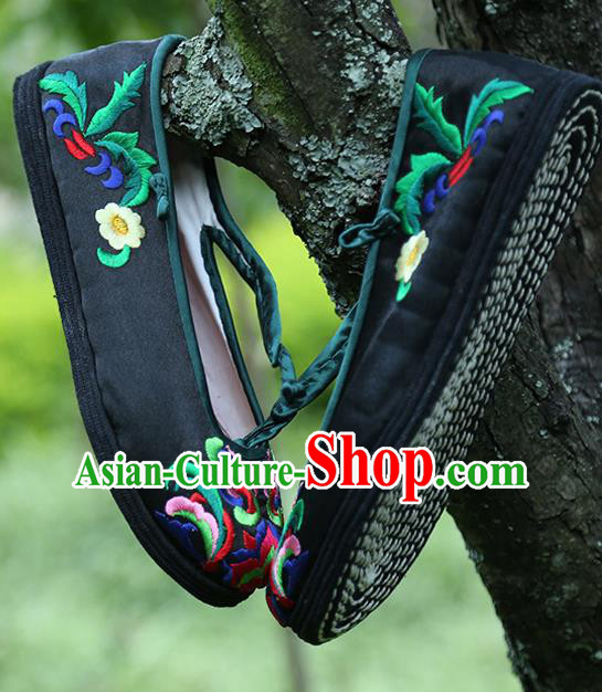 Chinese National Woman Shoes Handmade Embroidered Shoes Traditional Black Satin Shoes