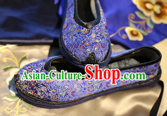 Chinese Classical Cockscomb Pattern Brocade Shoes Handmade Royalblue Shoes Traditional Yunnan Ethnic Wedding Shoes