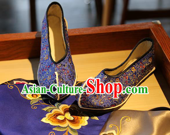 Chinese Handmade Classical Cockscomb Pattern Brocade Shoes Traditional Royalblue Dance Shoes