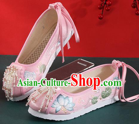 Chinese Traditional Beads Tassel Shoes Classical Dance Pink Cloth Shoes National Embroidered Lotus Shoes