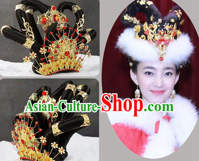 China Classical Fairy Dance Headwear Traditional Tang Dynasty Imperial Concubine Wigs Chignon Headpieces