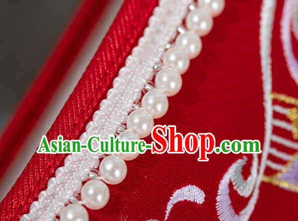 Chinese National Wedding Red Embroidered Shoes Traditional Pearls Tassel Shoes Classical Wedge Heel Shoes