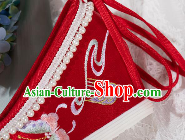 Chinese National Wedding Red Embroidered Shoes Traditional Pearls Tassel Shoes Classical Wedge Heel Shoes