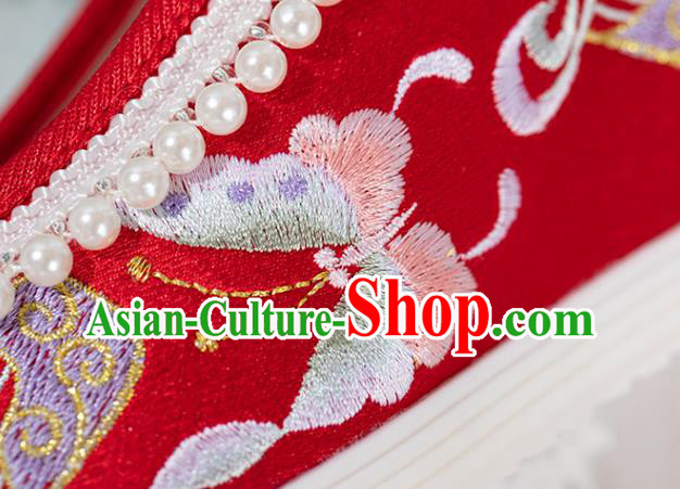 Chinese National Wedding Red Embroidered Shoes Traditional Pearls Tassel Shoes Classical Wedge Heel Shoes