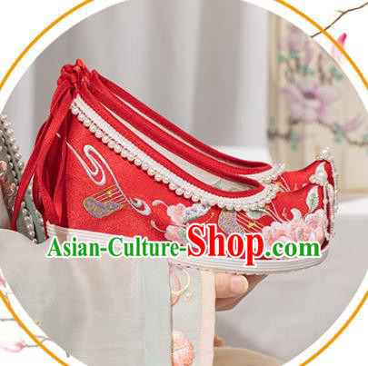 Chinese National Wedding Red Embroidered Shoes Traditional Pearls Tassel Shoes Classical Wedge Heel Shoes