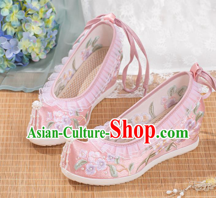 Chinese Traditional Pink Satin Pearls Shoes Classical Wedge Heel Shoes National Embroidery Flowers Shoes