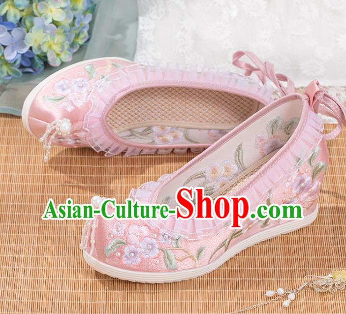 Chinese Traditional Pink Satin Pearls Shoes Classical Wedge Heel Shoes National Embroidery Flowers Shoes