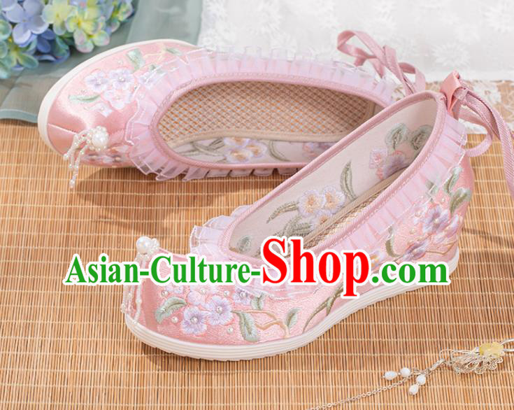 Chinese Traditional Pink Satin Pearls Shoes Classical Wedge Heel Shoes National Embroidery Flowers Shoes