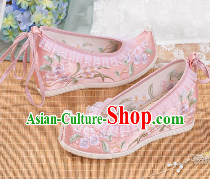 Chinese Traditional Pink Satin Pearls Shoes Classical Wedge Heel Shoes National Embroidery Flowers Shoes