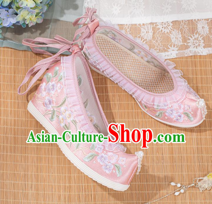 Chinese Traditional Pink Satin Pearls Shoes Classical Wedge Heel Shoes National Embroidery Flowers Shoes