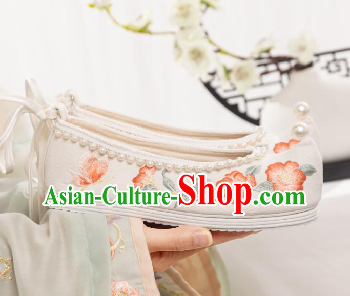 China Traditional Hanfu Shoes Ming Dynasty White Cloth Bow Shoes Ancient Princess Embroidery Shoes