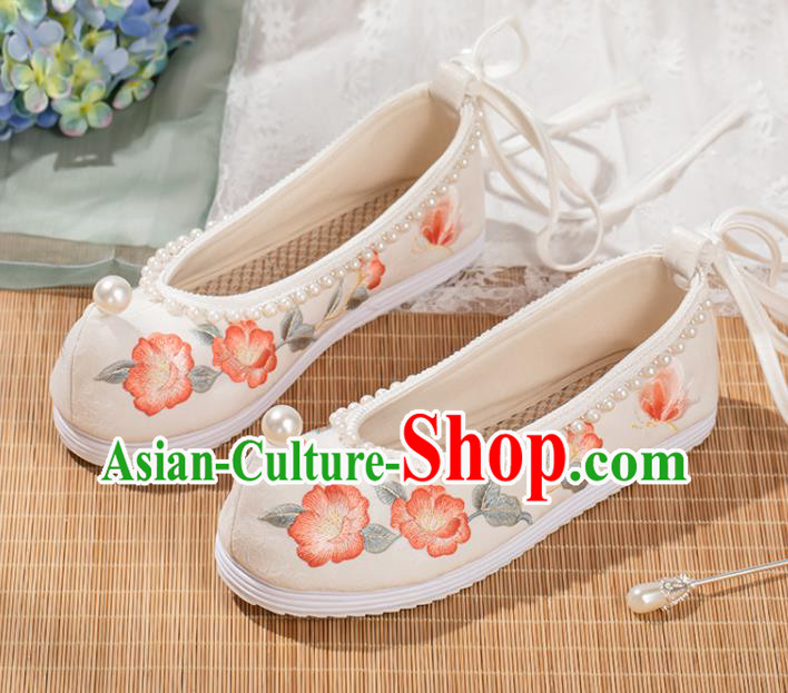 China Traditional Hanfu Shoes Ming Dynasty White Cloth Bow Shoes Ancient Princess Embroidery Shoes