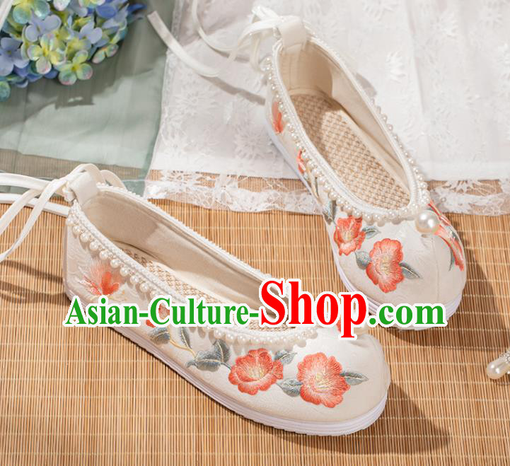 China Traditional Hanfu Shoes Ming Dynasty White Cloth Bow Shoes Ancient Princess Embroidery Shoes
