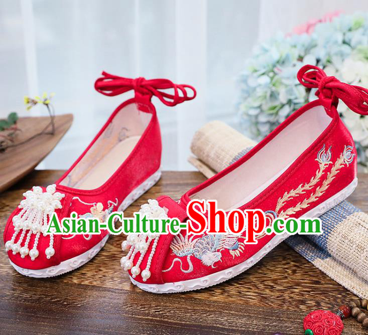 Chinese National Embroidery Phoenix Shoes Traditional Wedding Hanfu Red Cloth Shoes Classical Xiuhe Shoes