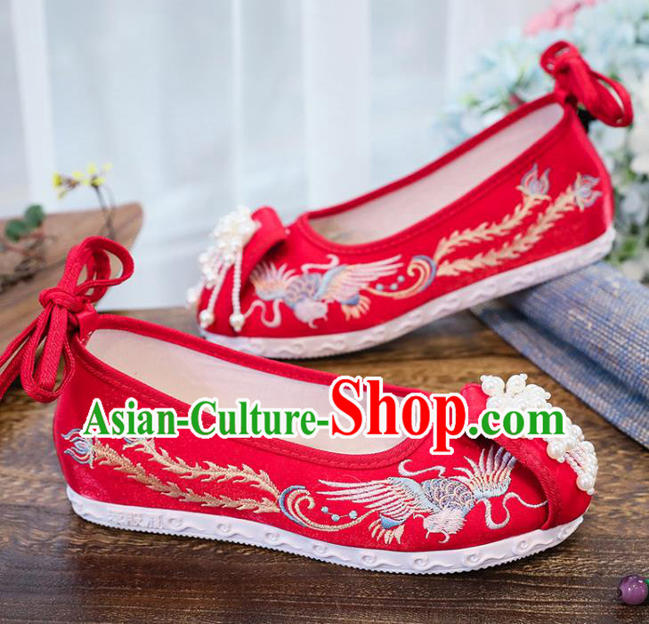 Chinese National Embroidery Phoenix Shoes Traditional Wedding Hanfu Red Cloth Shoes Classical Xiuhe Shoes