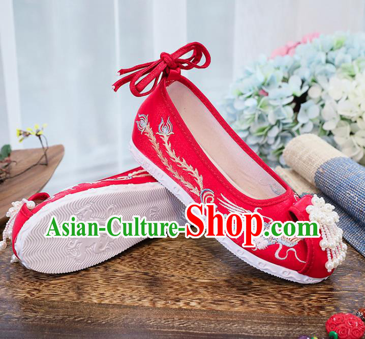 Chinese National Embroidery Phoenix Shoes Traditional Wedding Hanfu Red Cloth Shoes Classical Xiuhe Shoes