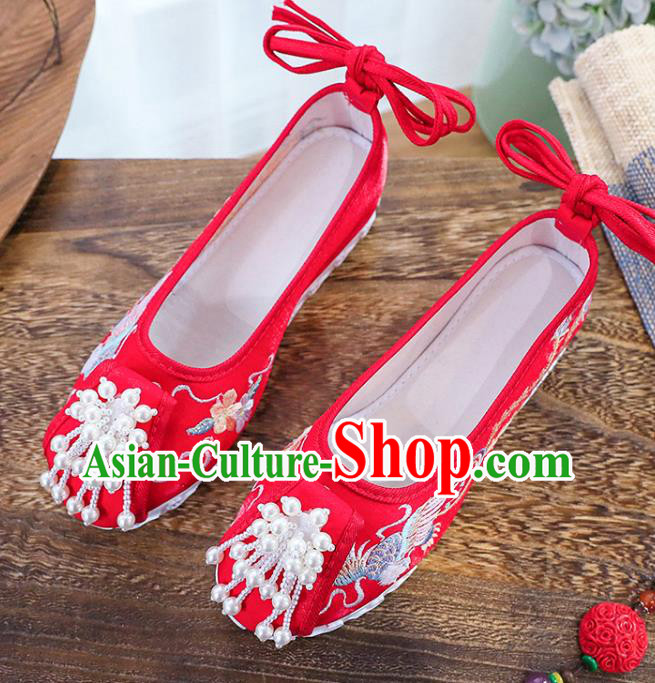 Chinese National Embroidery Phoenix Shoes Traditional Wedding Hanfu Red Cloth Shoes Classical Xiuhe Shoes