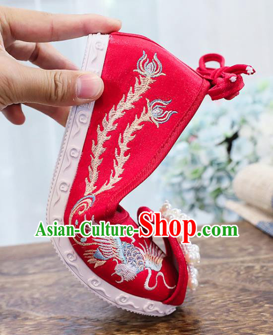 Chinese National Embroidery Phoenix Shoes Traditional Wedding Hanfu Red Cloth Shoes Classical Xiuhe Shoes