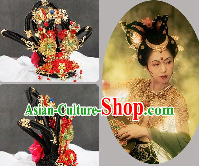 China Traditional Tang Dynasty Imperial Concubine Headwear Classical Flying Apsaras Dance Wigs Chignon and Hair Accessories