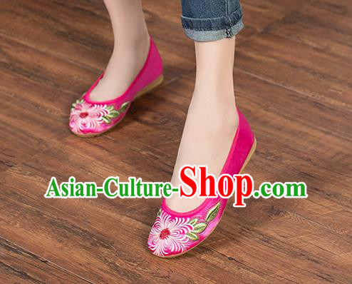 Chinese Classical Embroidered Shoes Traditional Rosy Satin Shoes National Folk Dance Shoes