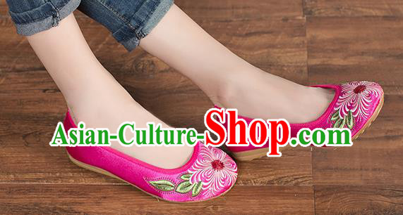 Chinese Classical Embroidered Shoes Traditional Rosy Satin Shoes National Folk Dance Shoes