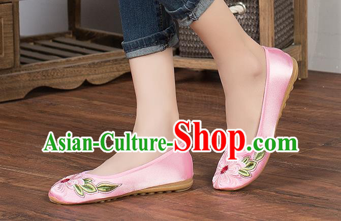 Chinese National Pink Satin Shoes Traditional Embroidered Shoes Classical Dance Shoes