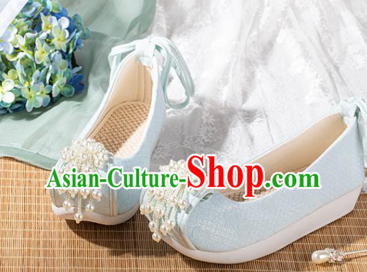 China Ancient Princess Pearls Toe Shoes Hanfu Shoes Traditional Tang Dynasty Blue Cloth Shoes