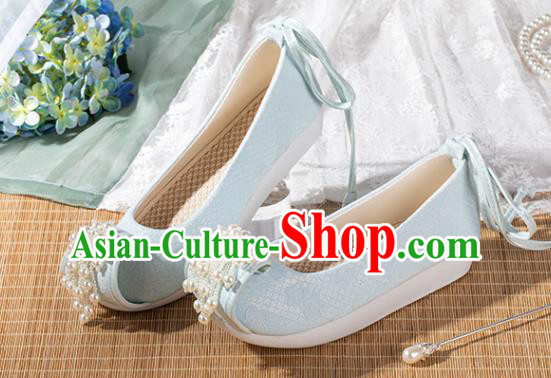 China Ancient Princess Pearls Toe Shoes Hanfu Shoes Traditional Tang Dynasty Blue Cloth Shoes