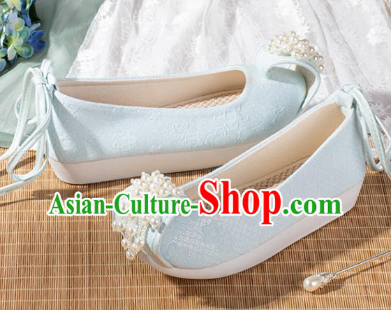 China Ancient Princess Pearls Toe Shoes Hanfu Shoes Traditional Tang Dynasty Blue Cloth Shoes